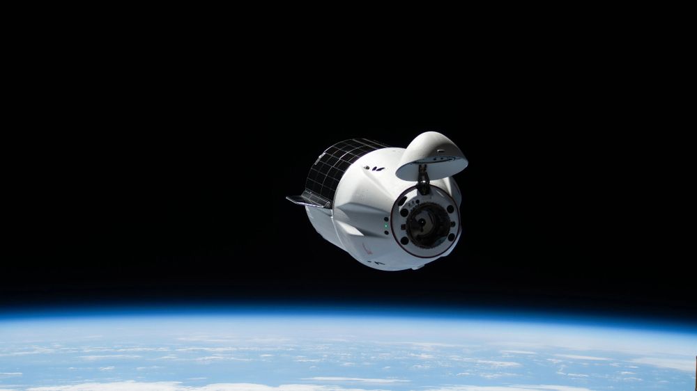 Capsule spatiale Dragon de SpaceX en orbite au-dessus de la Terre, avec l'espace noir en arrière-plan.