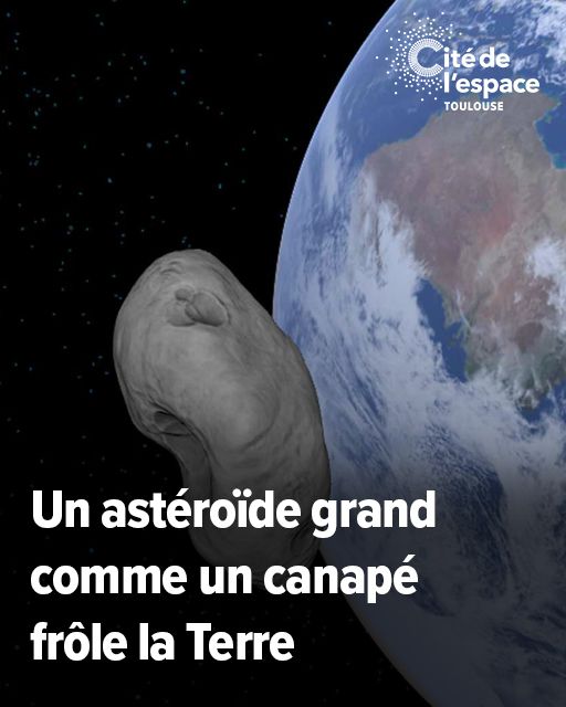 Image de synthèse tirée de An eye to astéroïds de la NASA de  2025 TF passant près de la Terre, avec le logo de la Cité de l'espace Toulouse en haut à droite.