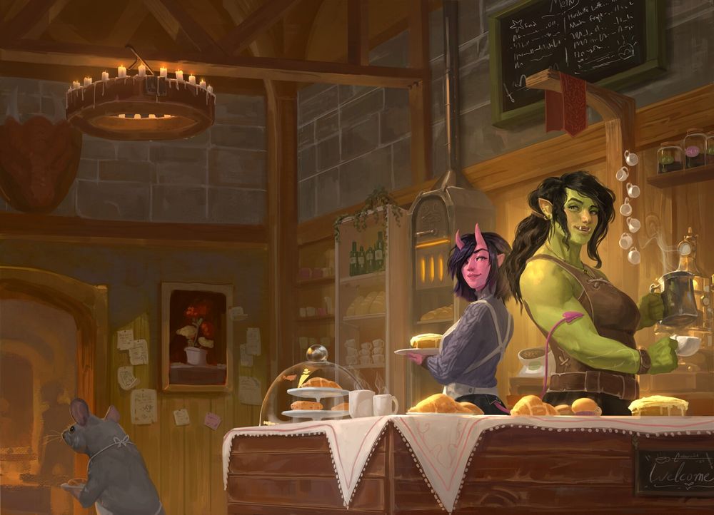 Full cover art for Legends and Lattes.  It's a cozy fantasy coffee shop and bakery.  A green orc lady is pouring coffee.  A pink skinned horned girl is carrying something baked.  In the lower right a small rat wearing an apron is also carrying something baked.  Baked goods cover the counter.