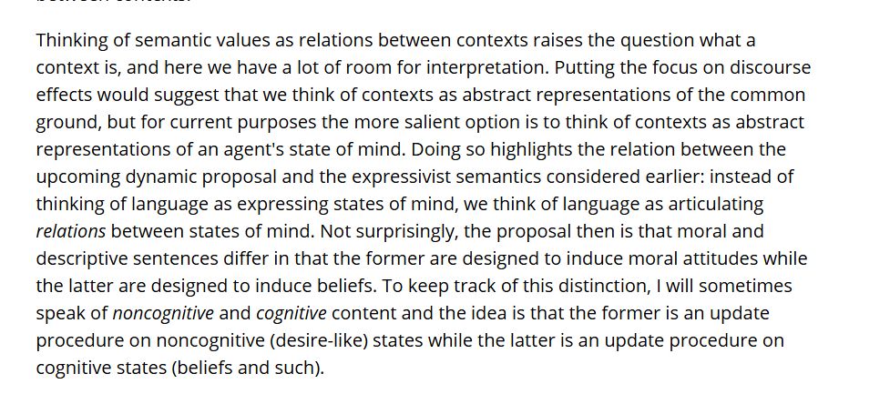A screenshot of a paper. It reads: "thinking of semantic values as relations between contexts raises the question of what a context is, and here we have a lot of room for interpretation. Putting the focus on discourse effects would suggest that we think of cntext