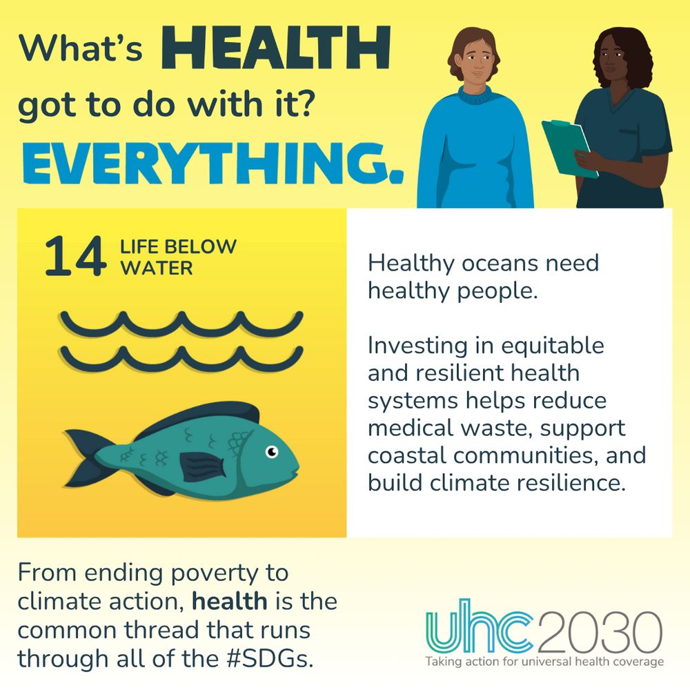 SDG14 visual with the following text: Healthy oceans need healthy people. Investing in equitable and resilient health systems helps reduce medical waste, support coastal communities, and build climate resilience. UHC2030