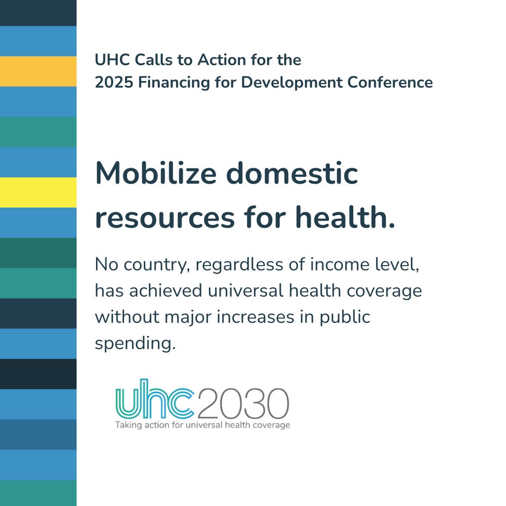 Card with the following call to action: Mobilize domestic resources for health. No country, regardless of income level, has achieved UHC without major increases in public spending.