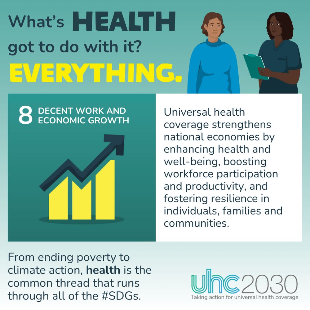 SDG8 graphic with the following text: UHC strengthens national economies by enhancing health and well-being, boosting workforce participation and productivity, and fostering resilience in individuals, families and communities. UHC2030