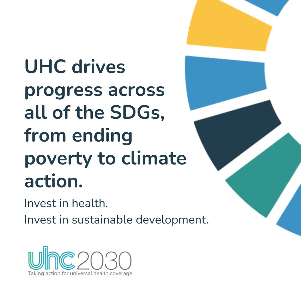 Graphic with the following text: UHC drives progress across all of the SDGs, from ending poverty to climate action. Invest in health. Invest in sustainable development. UHC2030