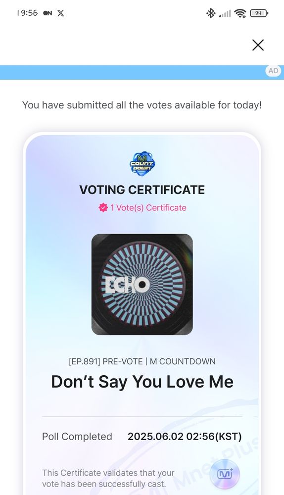 Voting certificate on MNet app 