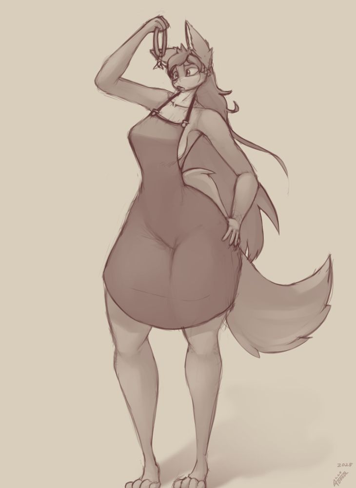 Canine girl wearing only a blacksmith apron investigating an amulet.