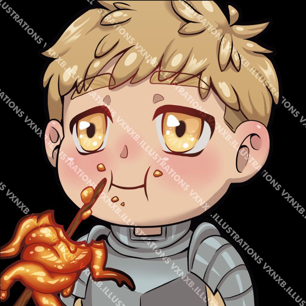 Laios Touden from Dungeon Meshi in chibi style eating a candied mandrake