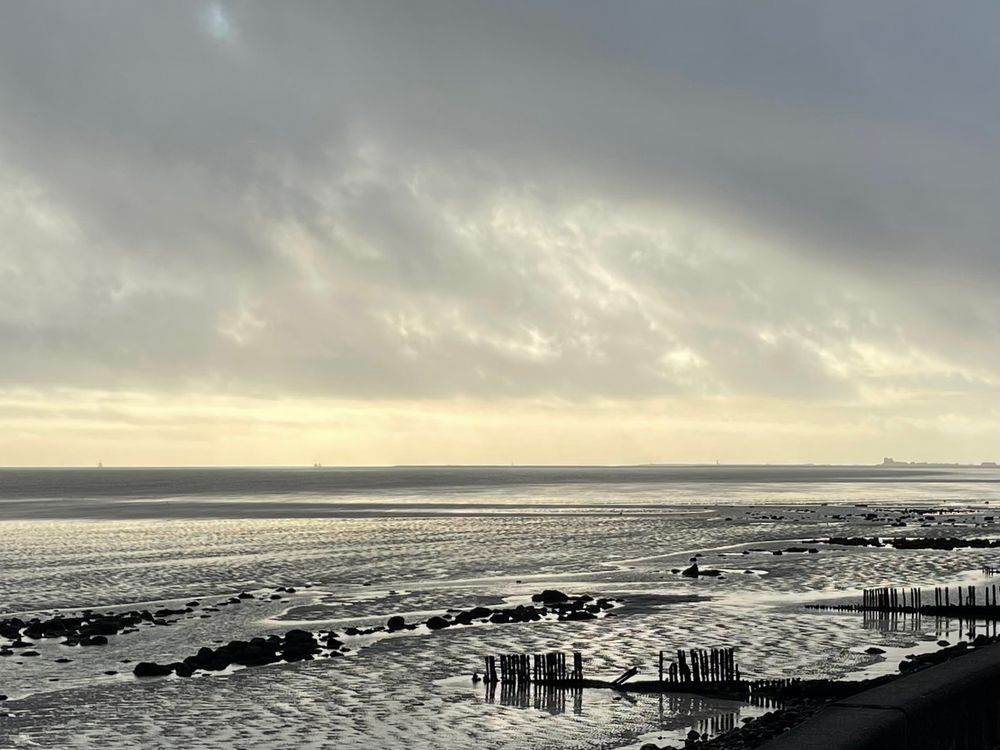 Shadowy rocks and poles poke through the Morecambe Bay sands. Piel Castle is just discernible on the right of the horizon. 