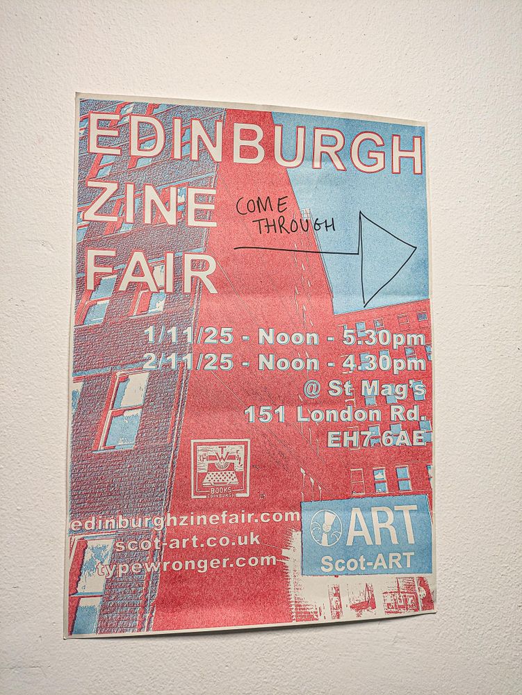 A riso printed poster in blue and red for Edinburgh Zine Fair
