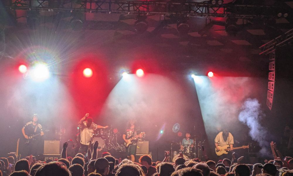 A large venue with a band on stage.