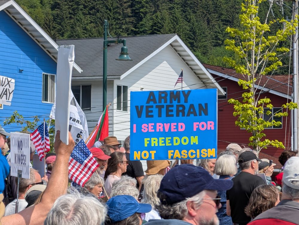 "Army Veteran, I served for freedom not fascism." Sign in the crowd.