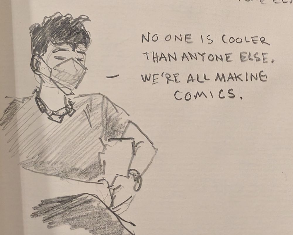 A sketch of a presenter at TCAF Word Balloon Academy saying, 