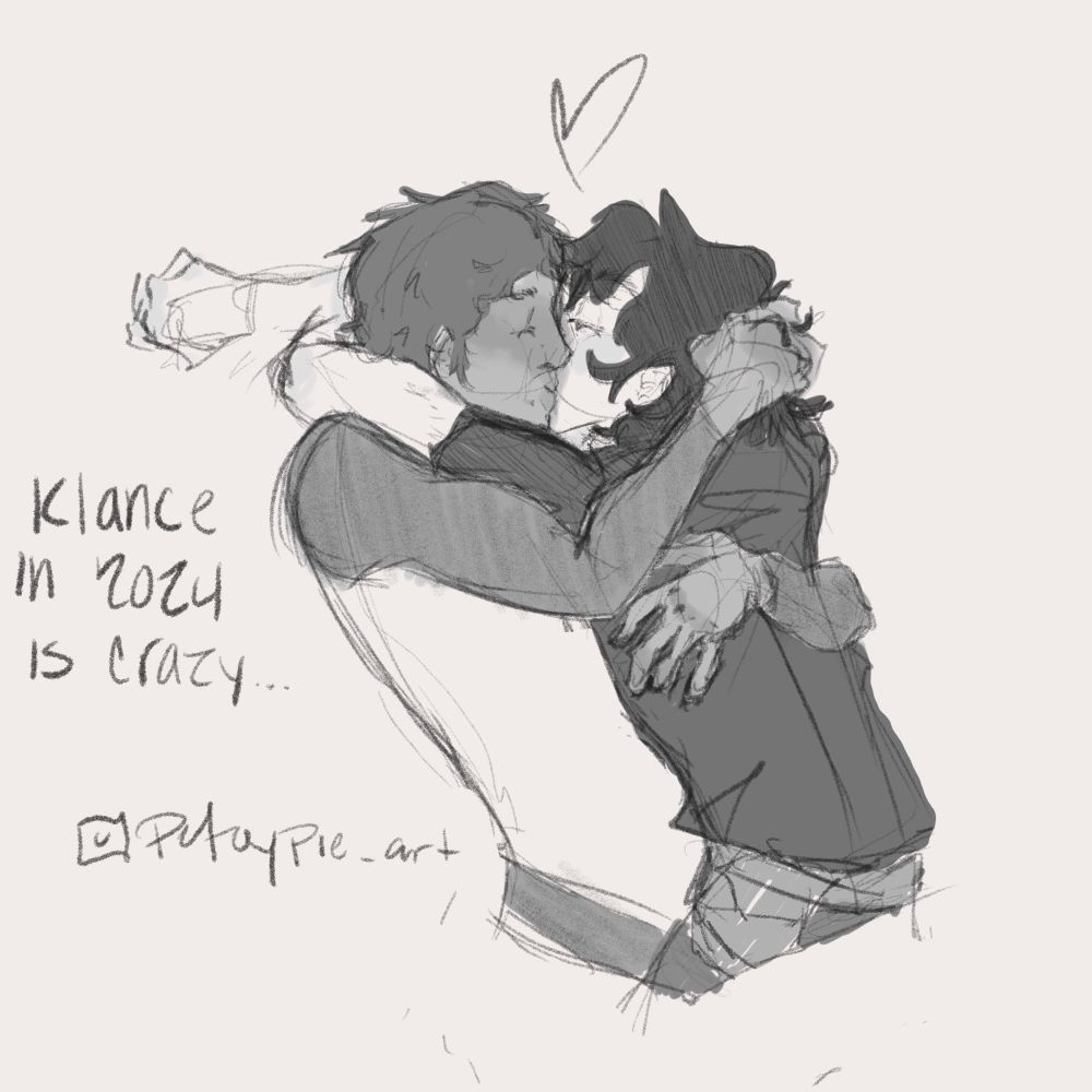 black and white sketch of keith kogane and lance mcclain kissing. “klance in 2024 is crazy…” is written to the side.