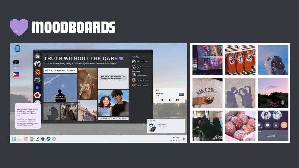 Header: Moodboards two images of moodboards below header. the first image is a mockup of a computer desktop screen, the second image is a 3x3 grid