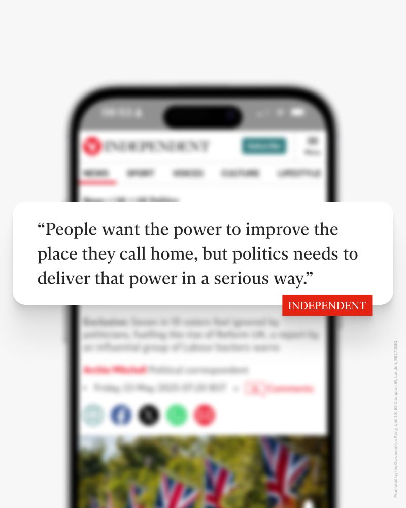 A phone with an article from the Independent, featuring the quote "People want the power to improve the place they call home, but politics needs to deliver that power in a serious way."