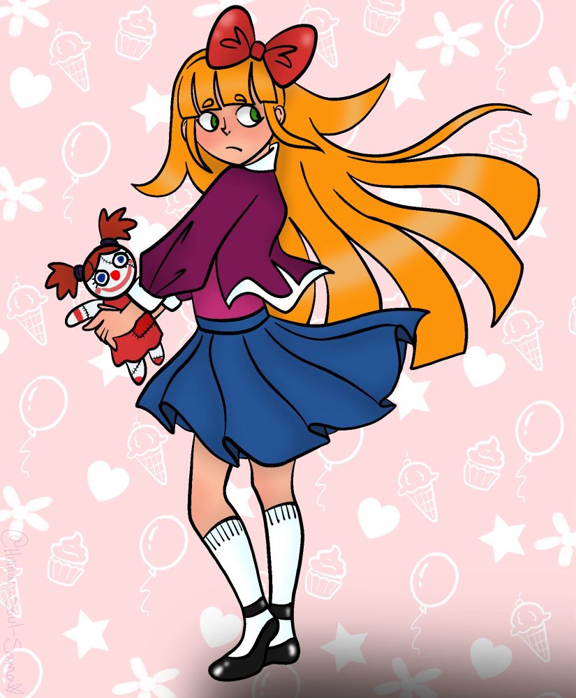 Elizabeth Afton from five nights at Freddy’s holding a makeshift circus baby doll