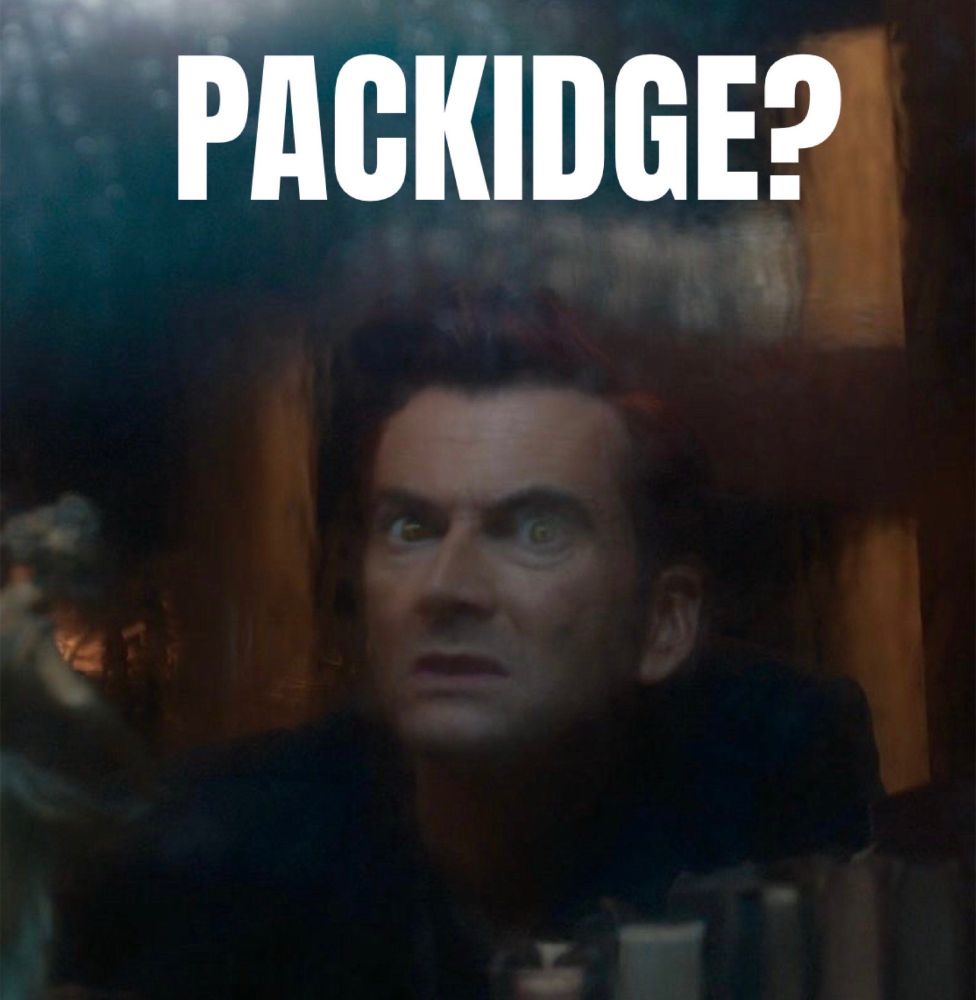 Crowley, face pressed to a rainy window, looking out eagerly. Above him the text, PACKIDGE?