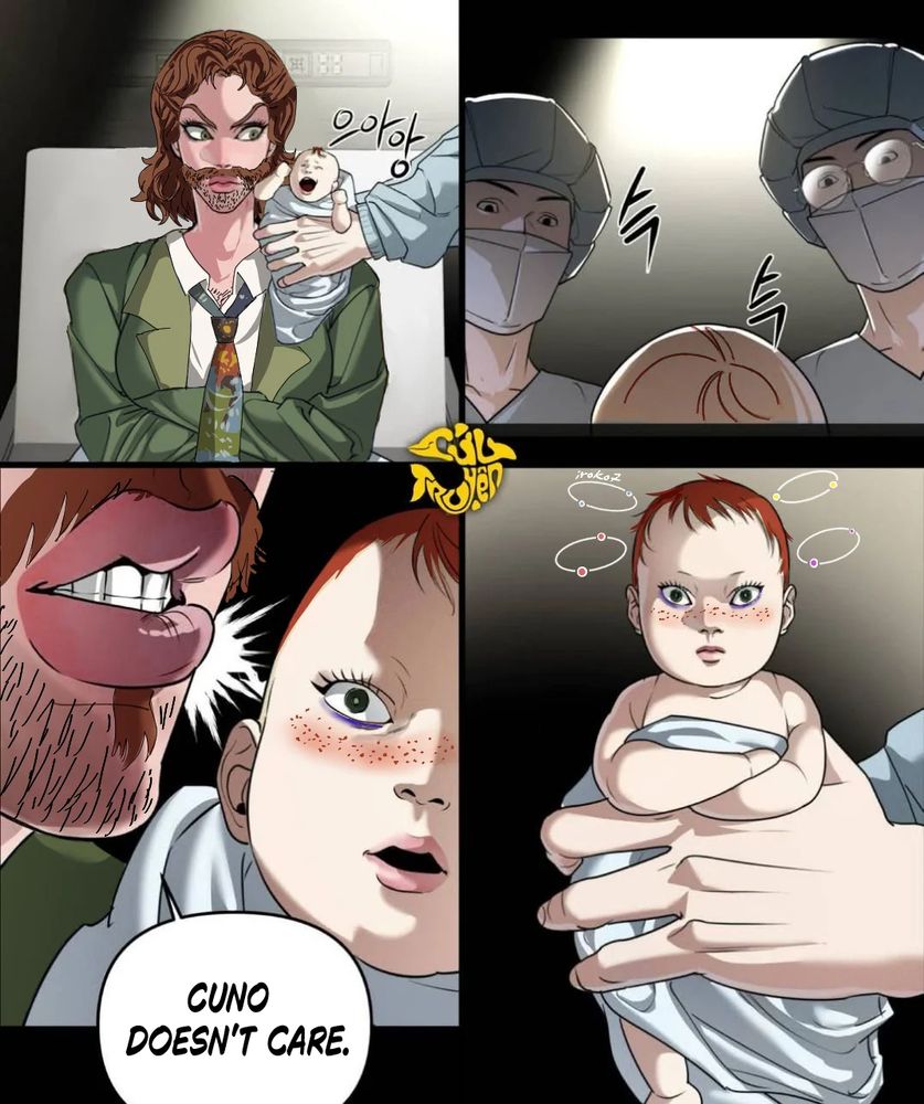 femme harry giving birth to cuno & then saying “CUNO DOESN'T CARE.” This is a reference to a scene in a korean webcomic called The Ki Sisters.