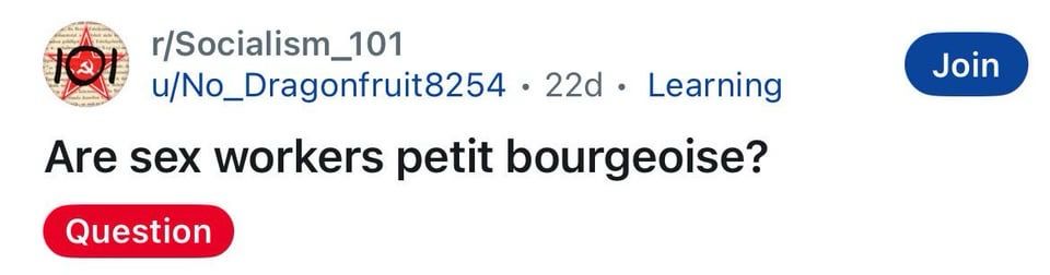 r/Socialism_101
u/No_Dragonfruit8254 • 22d • Learning
Are sex workers petit bourgeoise?