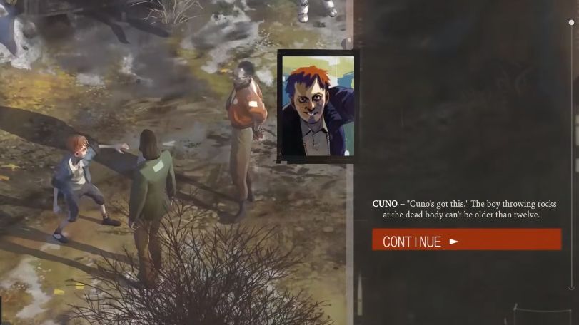CUNO - "Cuno's got this." The boy throwing rocks at the dead body can't be older than twelve.

CONTINUE