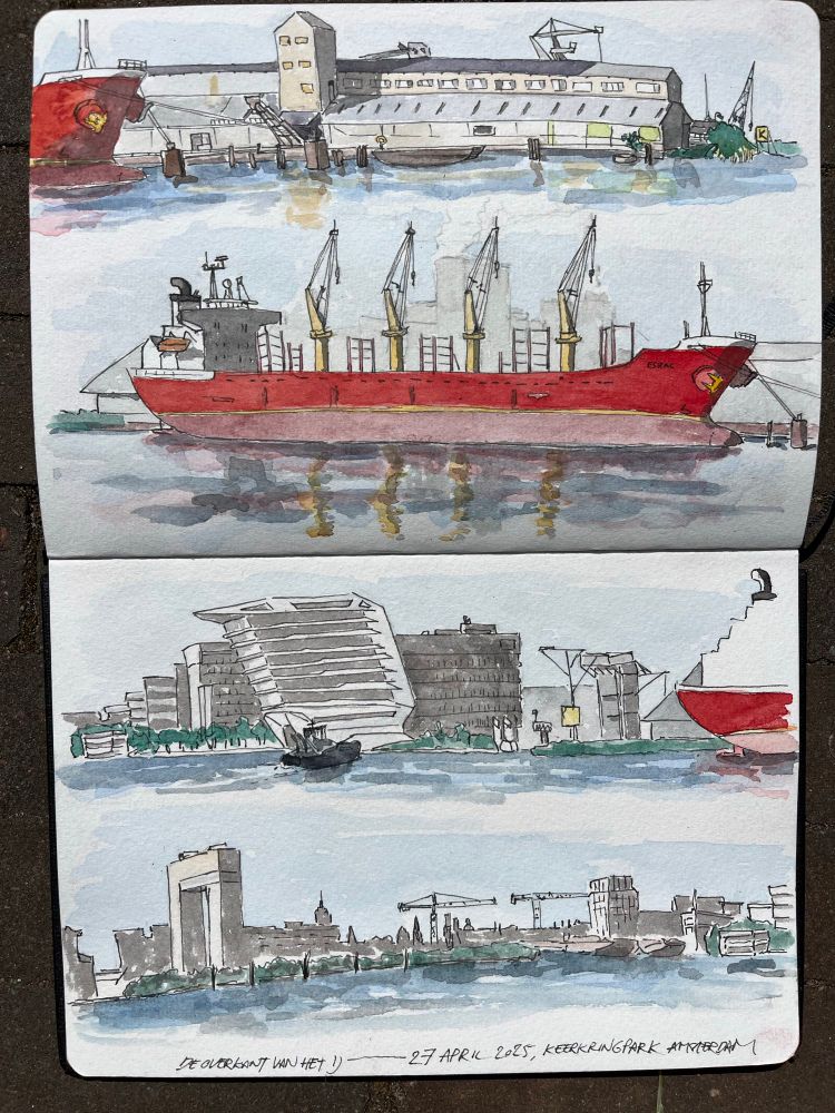 Watercolor painting of a river view in Amsterdam. 
The building on the right is the #ICL a factory that produces a lot of unhealthy air and stench