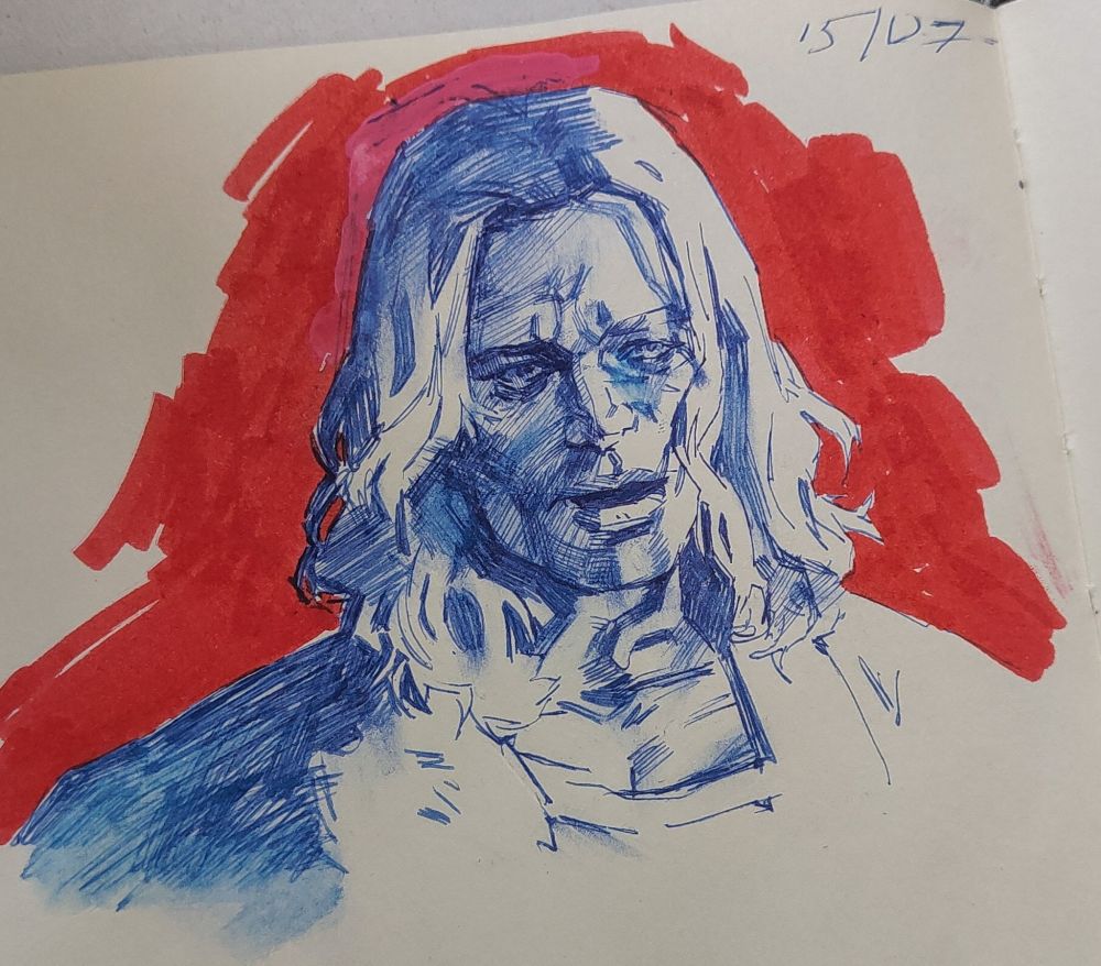 A portrait of Lestat done with a blue ink fountain pen