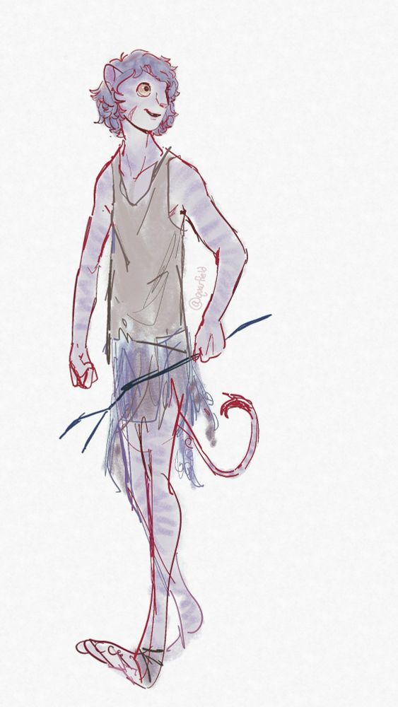 Sketch of an ~15y/o Eljay Quaritch, my Quarlyle fankid, wearing a ratty RDA tank and a Metkayina skirt/loincloth. She is carrying a large stick which the artist was planning to draw some kind of big dead bug skewered on, but they forgot.