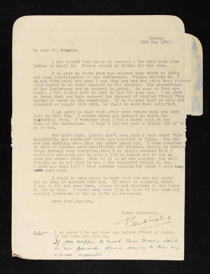 Carta que Shri H. R. Pardivala, abogado indio, miembro de la Comisión Internacional de Juristas y uno de los participantes en la Convención Afroasiática sobre el Tíbet y contra el Colonialismo en Asia y África de 1960, envió a Anwar Nusseibeh (llamado erróneamente "Nusaiby" en el texto). En ella, Pardivala expresa su gratitud por cómo las delegaciones árabes (República Árabe Unida, Líbano y Jordania) contribuyeron al éxito de la convención, muestra su tristeza porque Nusseibeh contrajese la gripe en su viaje a la India y lo invita a regresar al país.