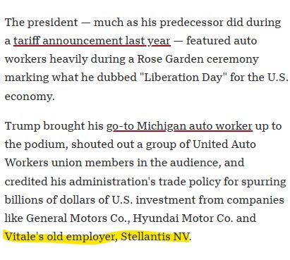 The president — much as his predecessor did during a tariff announcement last year — featured auto workers heavily during a Rose Garden ceremony marking what he dubbed "Liberation Day" for the U.S. economy.

Trump brought his go-to Michigan auto worker up to the podium, shouted out a group of United Auto Workers union members in the audience, and credited his administration's trade policy for spurring billions of dollars of U.S. investment from companies like General Motors Co., Hyundai Motor Co. and Vitale's old employer, Stellantis NV.