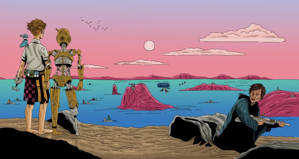 Image by Daniel Locke of a view over a large archipelago, with a person with a hook hand holding hands with a golden droid, while a crouching figure holds a rifle. In the distance are sail ships and a weird zeppelin