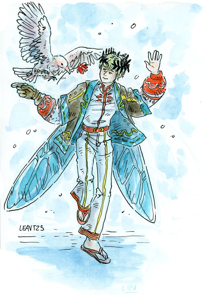 watercolor illustration of a pale young man with white hair and his friend albino raven. He walking about elegantly and is wearing a regal white outfit with red embroidery, and a large black and black kimono jacket over it, with a two tip cape shaped like dragonfly wings. He is wearing a falconer glove for his raven to land on, the raven is bring him a red rose.