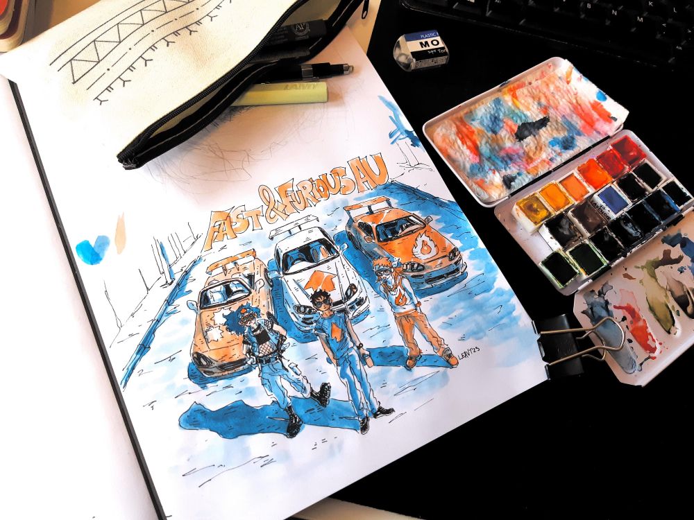 Photo of a sketchbook with a watercolour illustration, it's a fast and furious promotional image redrawn with the 3 characters of Grand Jaloprix posing in front of the 3 cars