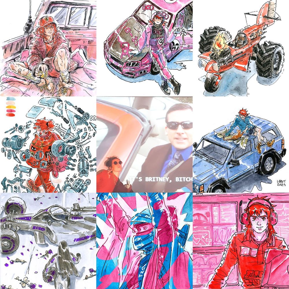 mosaic of various illustrations done during the year 2024, mostly cars and vehicles. At the center a photo of the artist, yours truly, posing in front of a wall with a projected frame of the TV show The Office where Michael Scott is at the wheel of his convertible wearing sunglasses, he says " it's Britney, bitch"