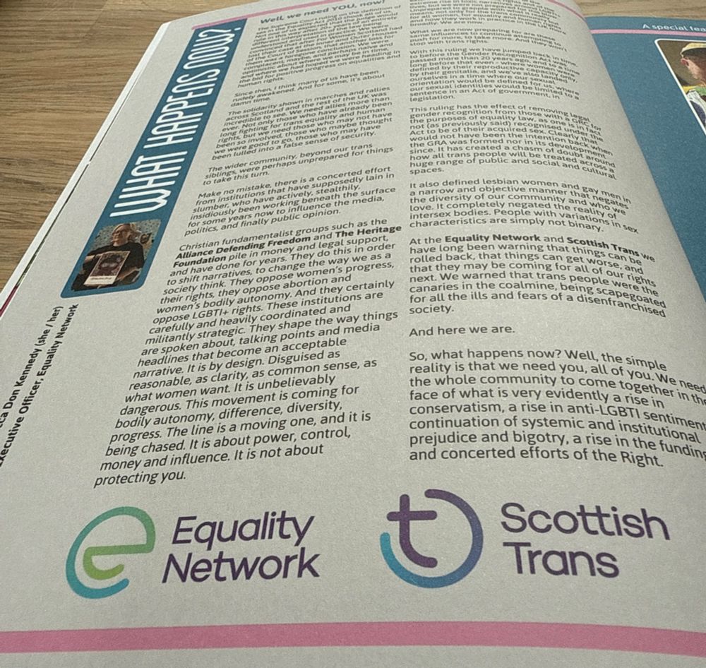Image of an article in a magazine, with the equality network and Scottish Trans logos
