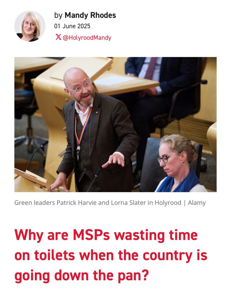 Image of a rightwing magazine called  ‘Holyrood’ with an article by notorious anti LGBT campaigner and editor Mandy, with the headline ‘Why are MSPs wasting time on toilets when the country is going down the pan?’