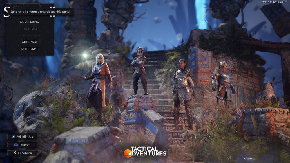 Solasta II game menu screen with the four pre-made characters playable in the demo standing on some steps inside a ruin