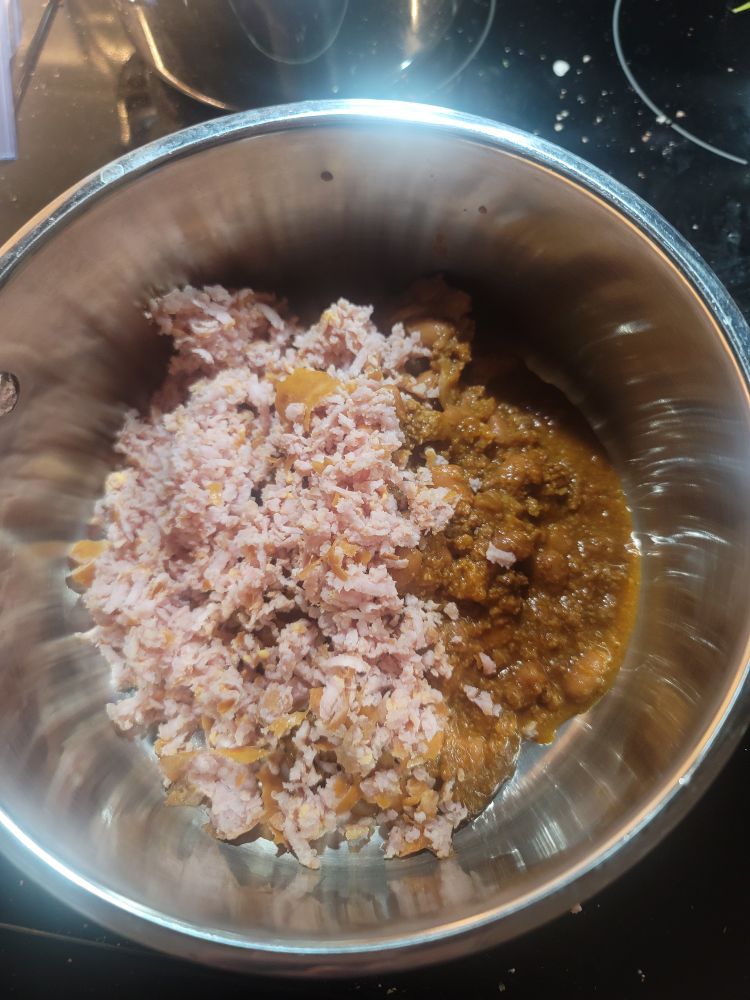 Shredded hot dogs in chili