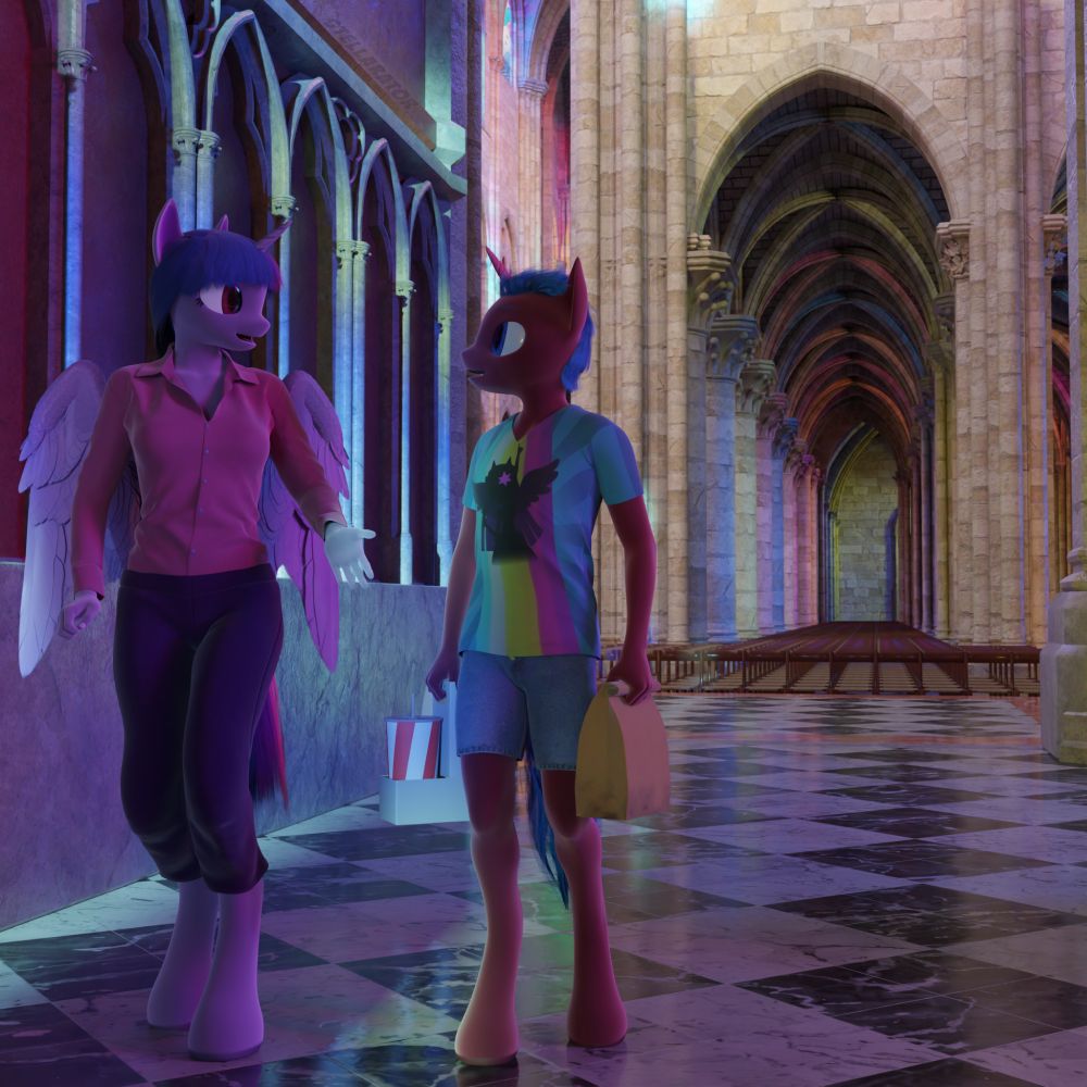 a 3d blender render of two anthro ponies, Twilight Sparkle and an OC named Juicebox, in an edited version of Notre Dame cathedral which has been given rainbow coloured pony themed stained glass windows