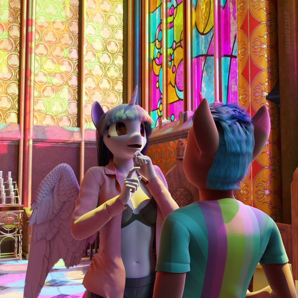 A 3d rendered image of anthro ponies from We Will Be Adored - Part 64 - Page 4, rendered in Blender Cycles. Twilight Sparkle looks thoughtful while standing in front of Juicebox, a red earth pony OC. Her shirt is unbuttoned, revealing a black bra underneath.