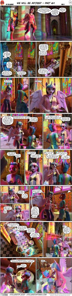 A 3d rendered comic, Singles from We Will Be Adored - Part 64 - Page 4, wherein anthro Twilight Sparkle drags her courtesan Juicebox into an alcove off of the temple ambulatory and opens her shirt, expounding on the reasons why they should have sneaky sex.