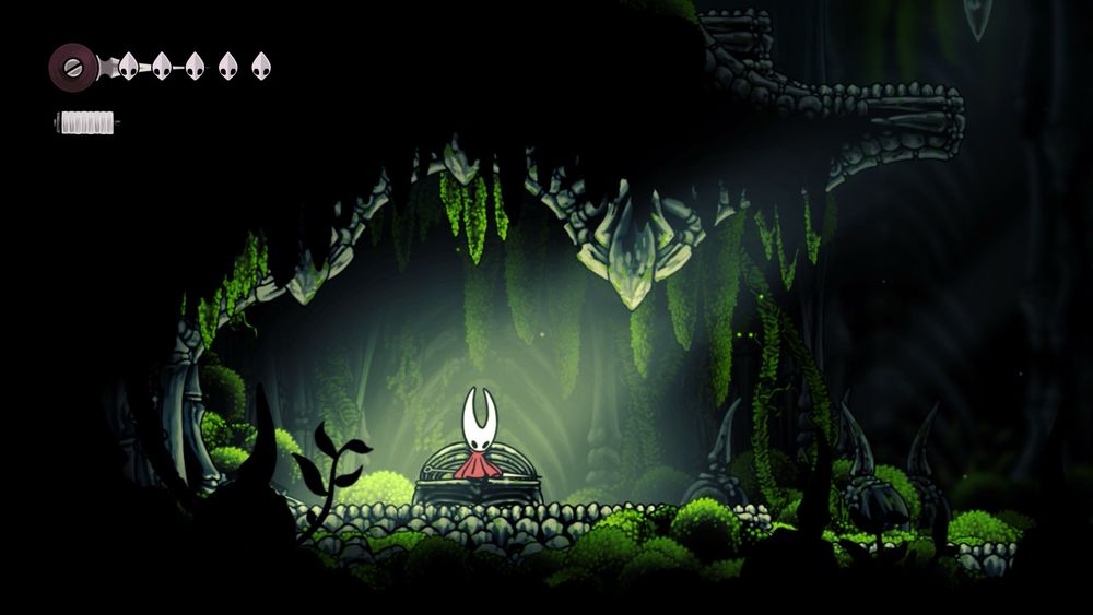 Silksong screenshot. The main character Hornet sitting on a bench