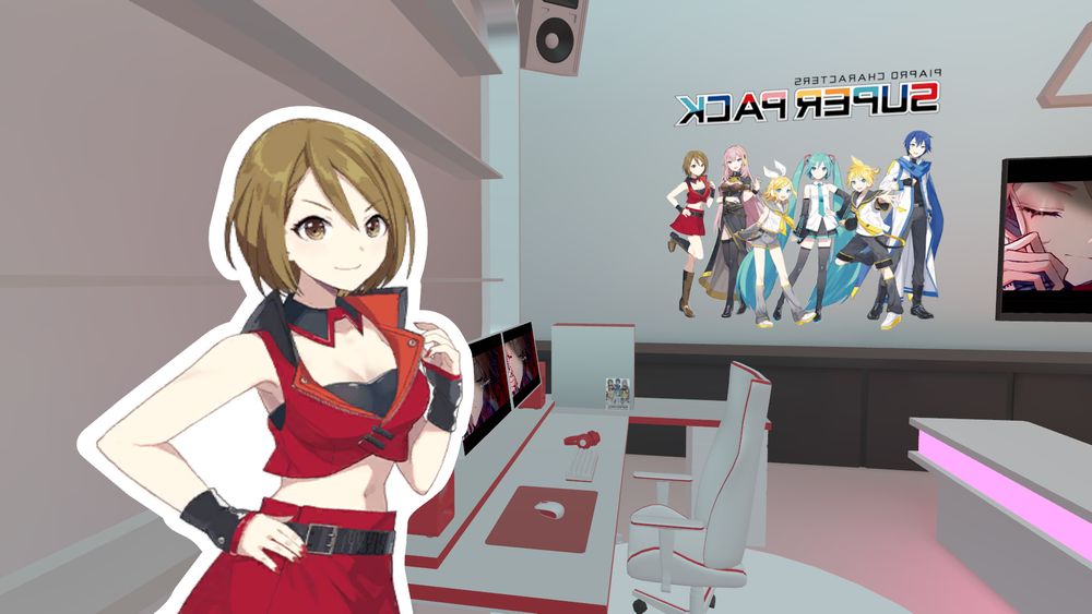 A Superpack Meiko themed room. There's a standee of her, a red and white computer setup behind her, an image of all the superpack Vocaloids on the wall. The room is mostly white with red accents.