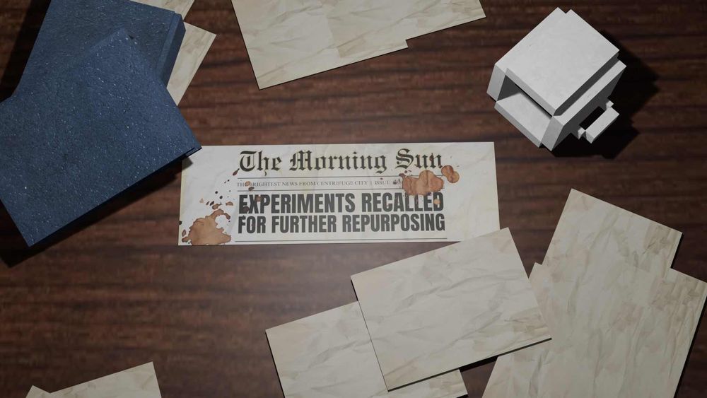 a brown table with books and papers thrown about, a tipped over coffee cup, and a folded newspaper that reads: "the morning sun, the brightest news from centrifuge city, experiments recalled for further repurposing". the newspaper date is covered by coffee stains.