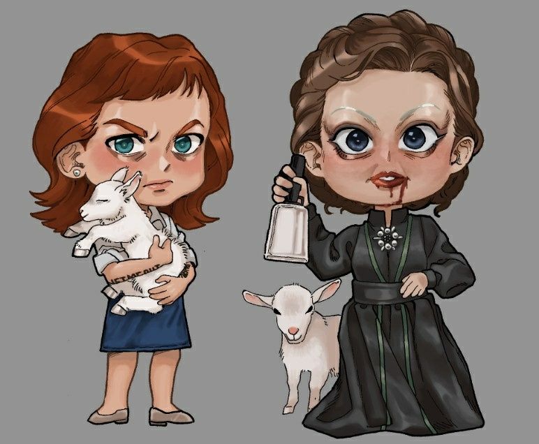 Chibi Versions of the characters Helly R. And the Goat Lady from Severance
