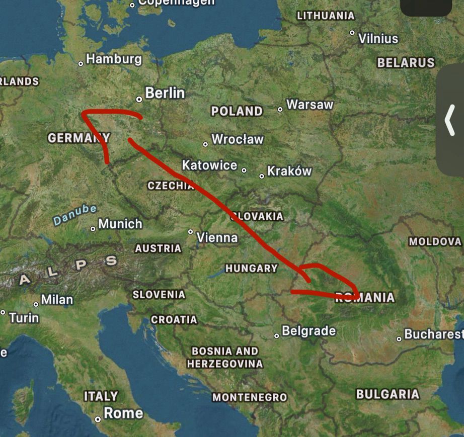A screenshot of a map showing that Germany and Romania are relatively close to one another making which nullifies the reason why count orlok travels by sea instead of taking his lavish horse drawn carriage across the country side