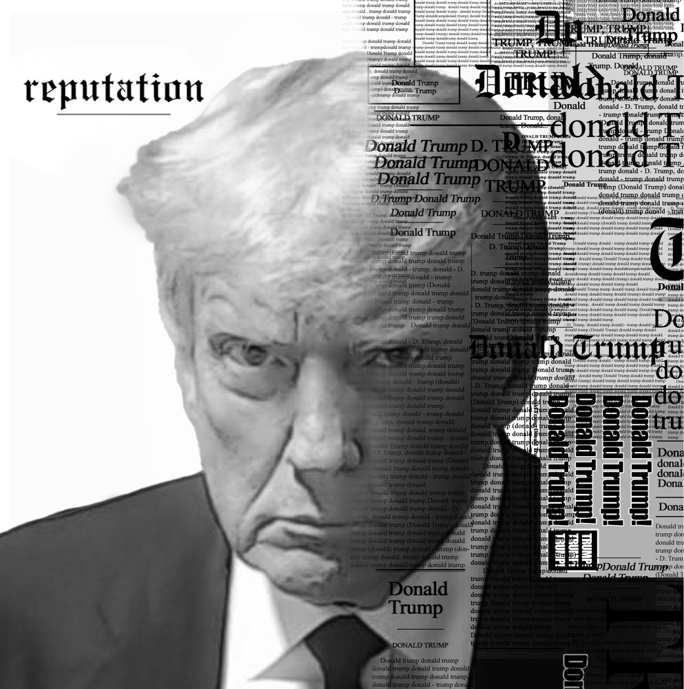 Trump's mugshot, in black and white on a white background. The right half is overlayed with a bunch of overlapping segments of newspaper-style text that says "Donald Trump" over and over again. In the upper right corner is the word "reputation" in a New York Times-style font.