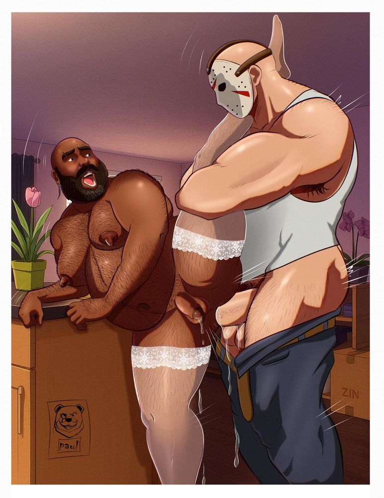 A bearded trashpanda, clad only in white thigh-high lacy stockings, one leg stretched over the shoulder of serial killer Jason, being aggressively fucked over a counter by the large man. The black bottom daddy has a look of fear, pain, & arousal on his face as his hole is stretched open on Jason's huge cock. Jason wears a white tank and his jeans are around his thighs. The bottom's fat heavy hairy breasts, nipples, & belly swing in the open air as he tries to brace himself for the pounding