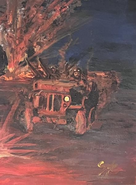 An almost completed painting of SAS jeeps speeding through a German airfield, with the remains of a Stuka going rapidly up in smoke