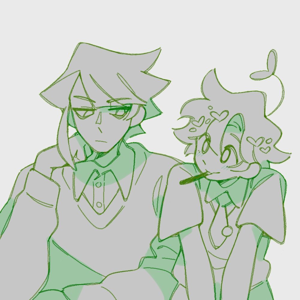 Sketch of my OC VP with Thog's OC Melpho sitting next to each other, while VP is holding a stick of pocky from her mouth