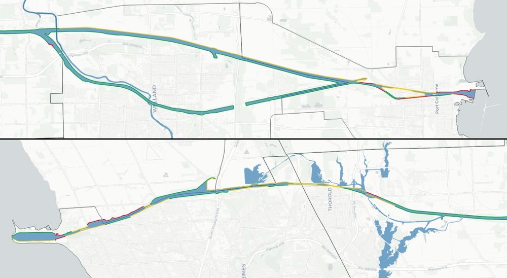 Map of the Welland Canal System, stretching 57 kilometres between Lakes Erie and Ontario. Over 90% of it is public, but a portion of that is restricted from direct access.